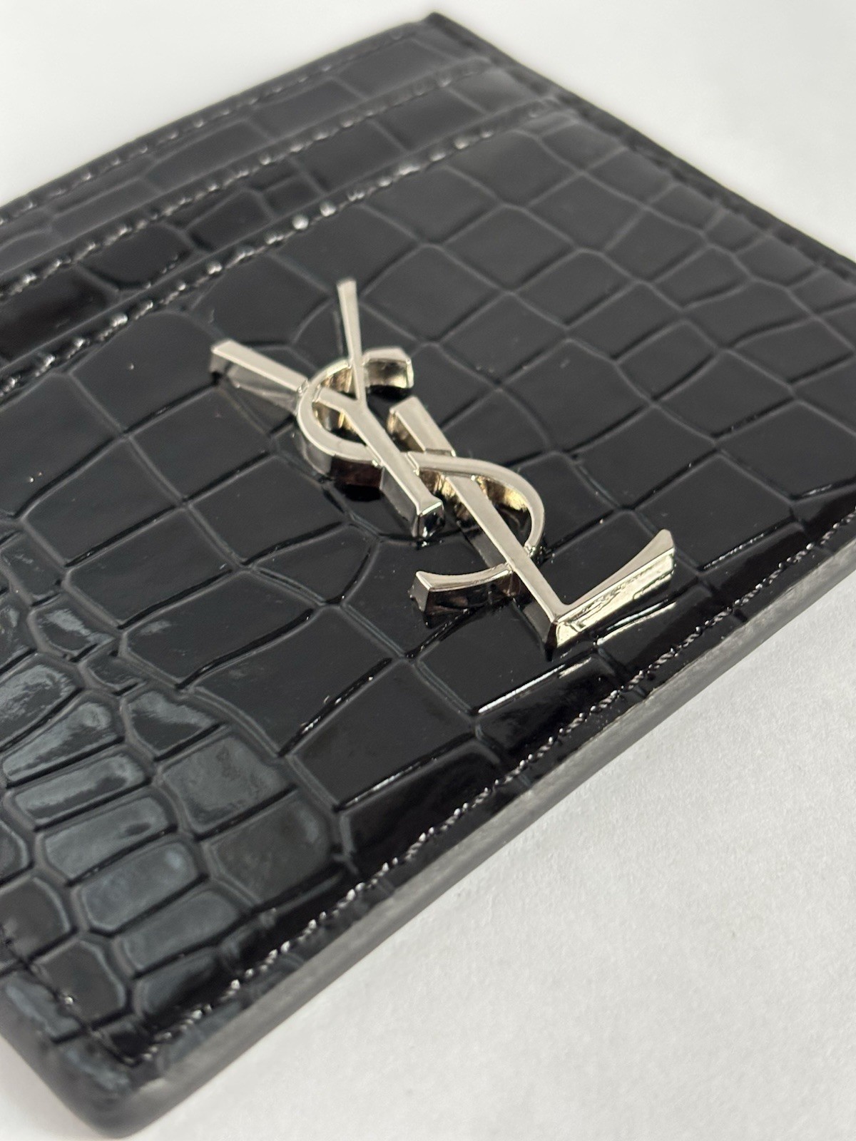 Saint Laurent Black Crocodile Pattern Logo Accent Women’s Card Wallet