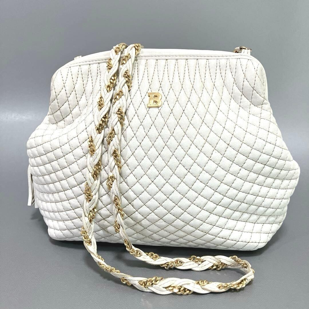 BALLY White Quilted Leather Gold Hardware Crossbody Shoulder Bag Italy