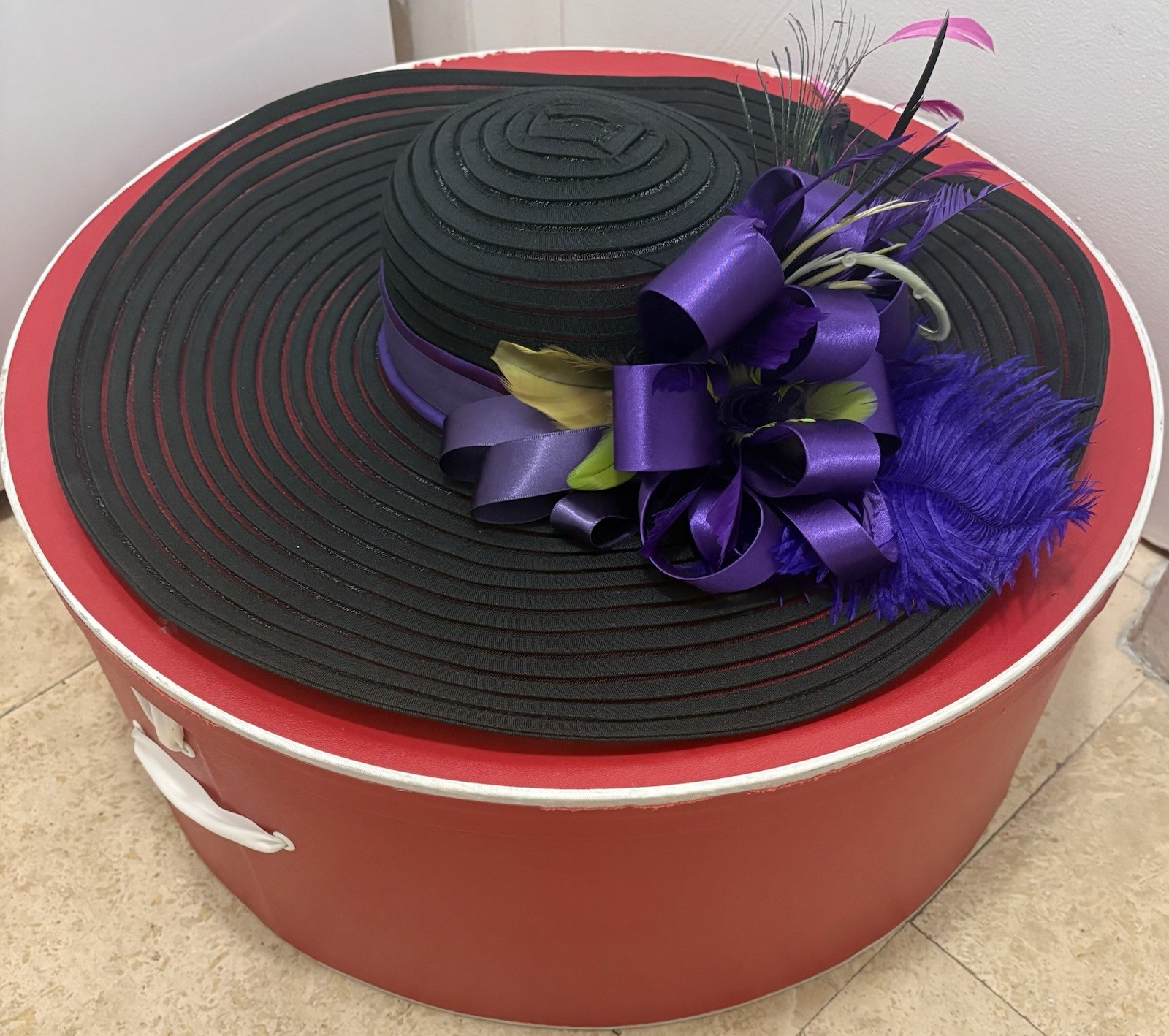 Black/Sheer Purple Peacock Feather Kentucky Derby Hat Wide Brim -The Willow Tree