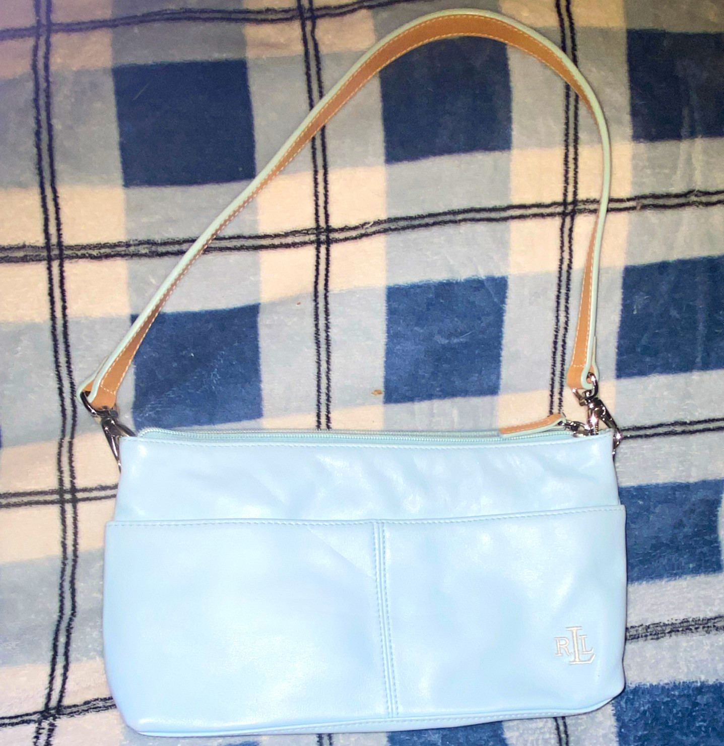 Lauren Ralph Lauren Light Blue Small Shoulder Bag Zip Logo Shoulder Strap Silver
