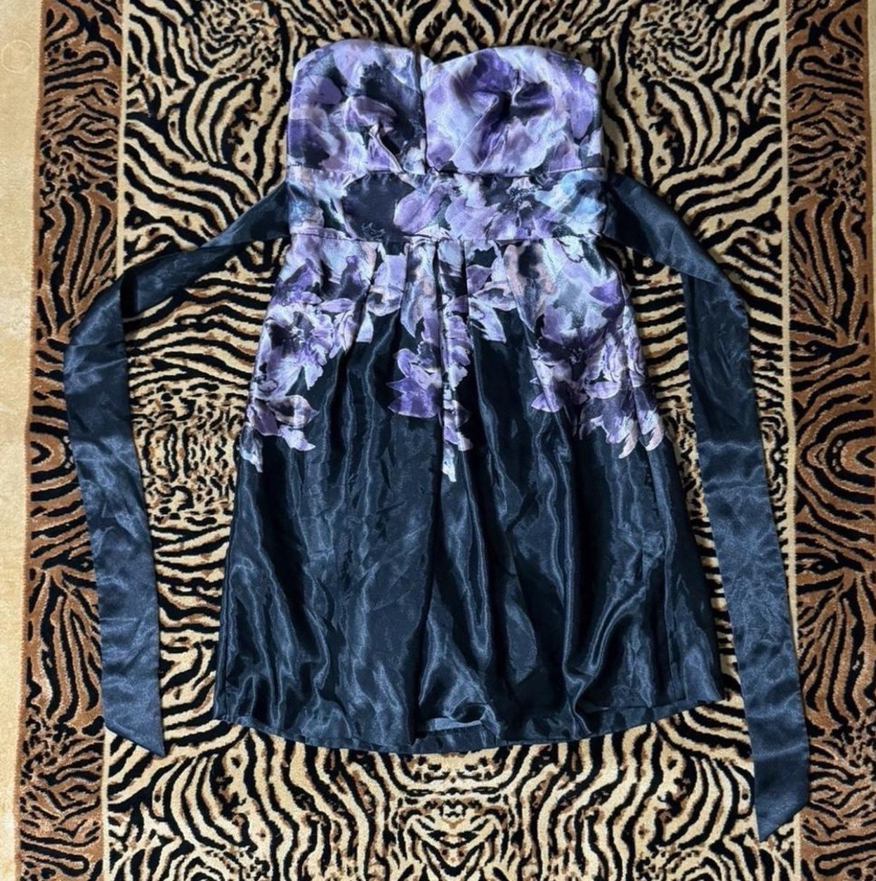 IZ Byer Strapless Sweetheart Floral Cocktail Dress Black Purple 1