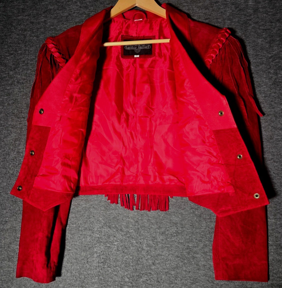 Leather Gallery Red Leather Fringe Jacket Womens L Western Cowgirl Rodeo Braided