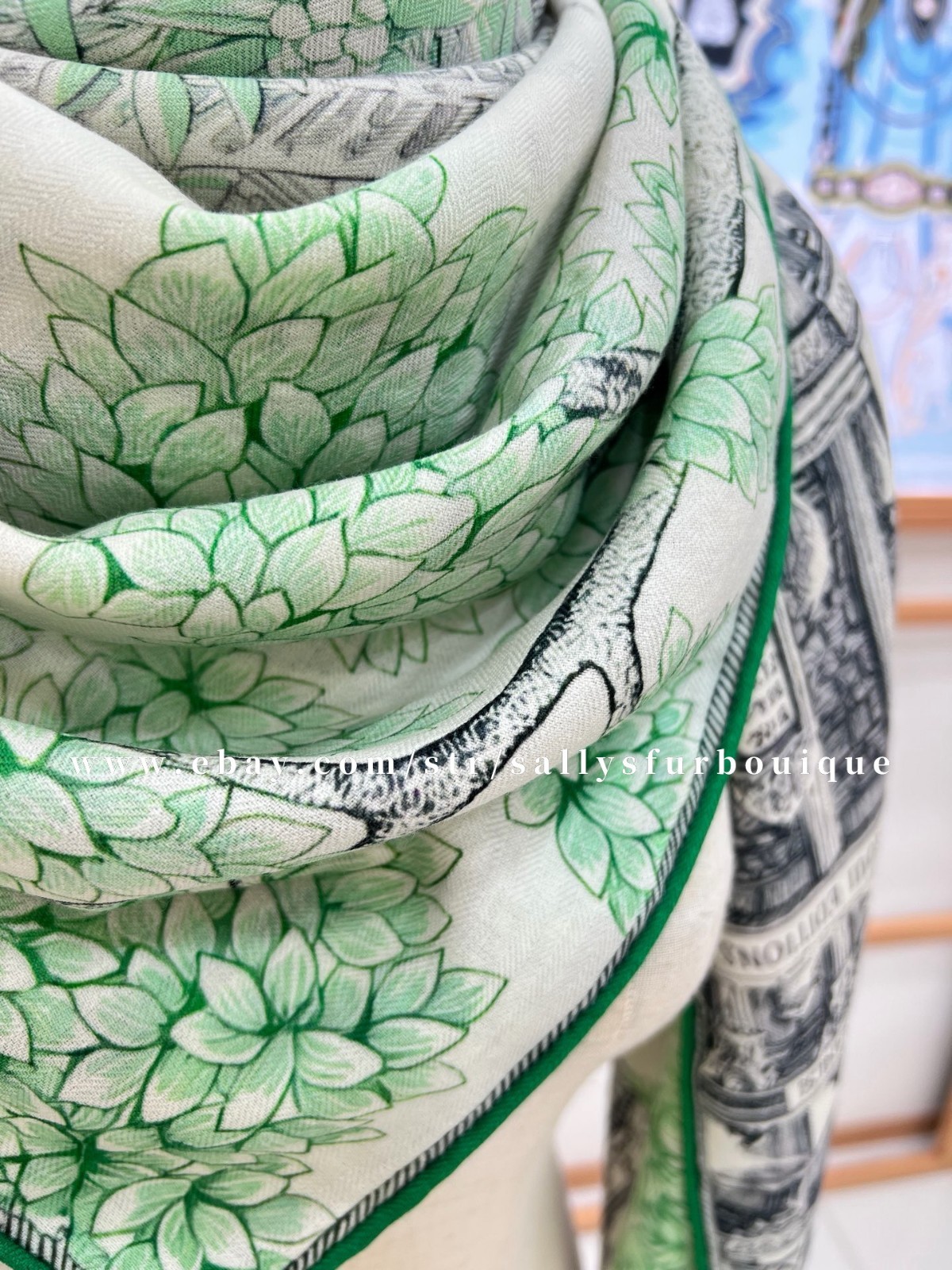 Sallys 70% Cashmere & 30% Silk Wrap Scarf Sanctuary Print 2 Face Shawl 53″ Green