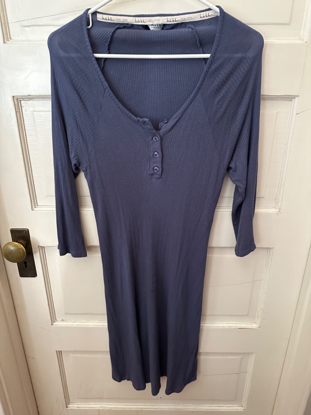 Nicole Miller Long Sleeve Ribbed Henley Slate Blue Nightgown Sleep Shirt Dress