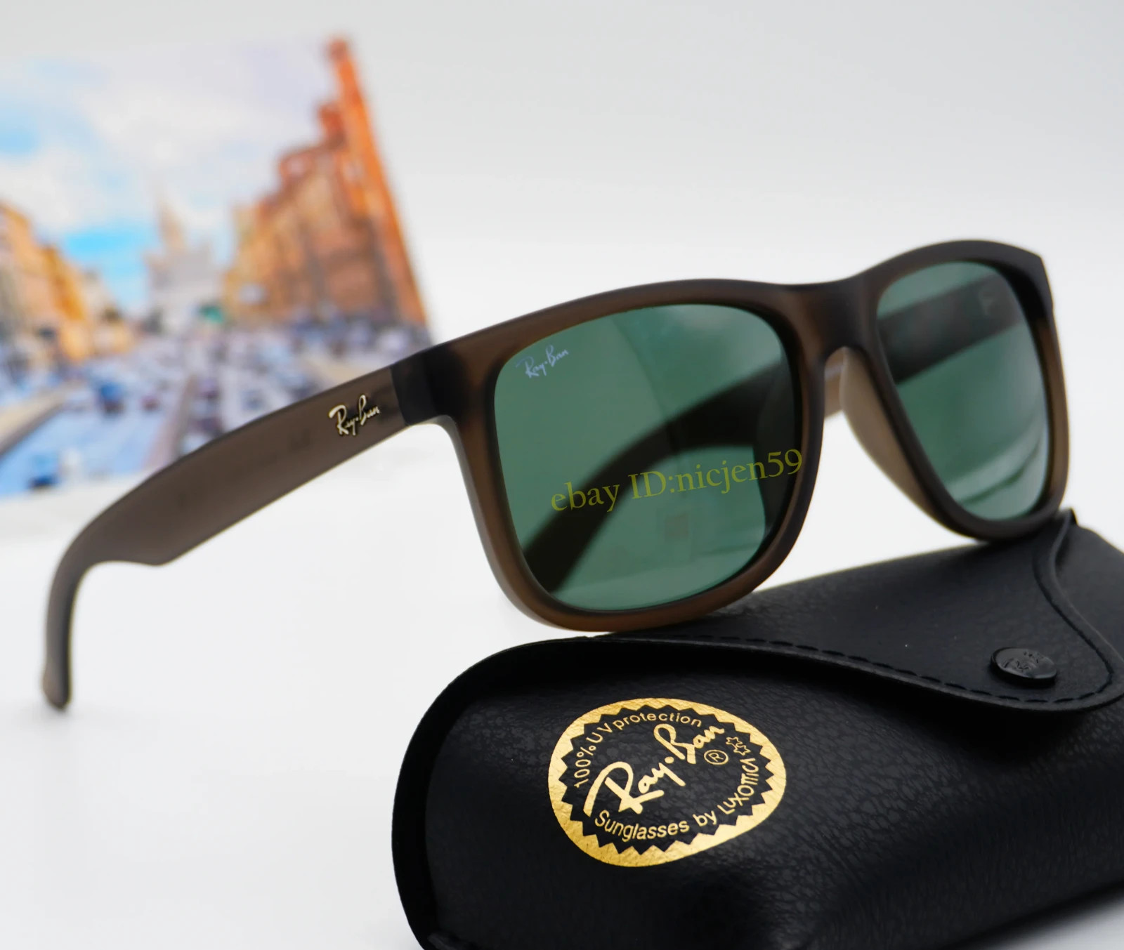 Ray-Ban Justin RB4165 Matte Opal Grey Green Lens Nylon Frame Sunglasses 54mm Men