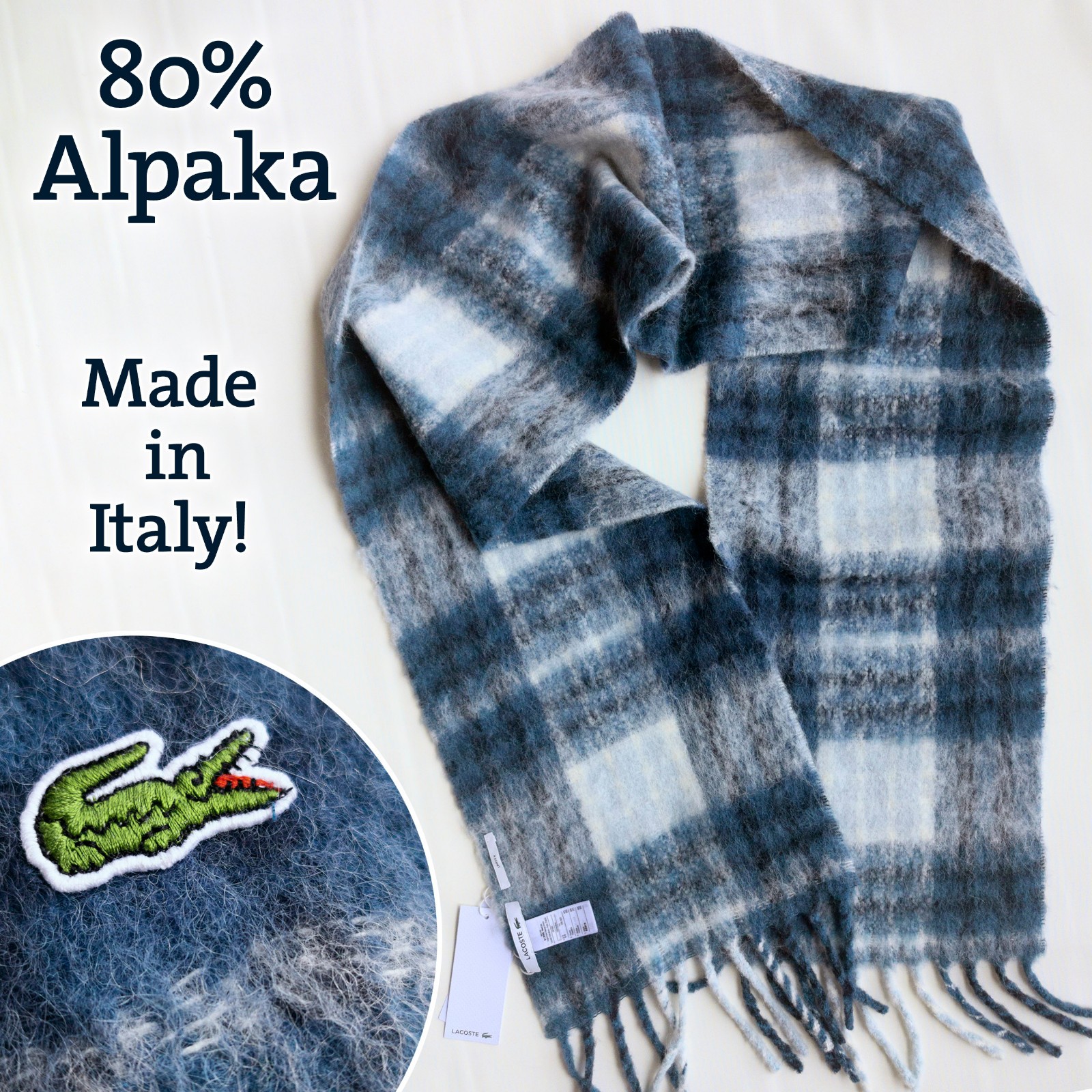 NP~$130 Lacoste Alpaca Scarf, Soft, Thick, Hairy! checked blue grey, warm scarf