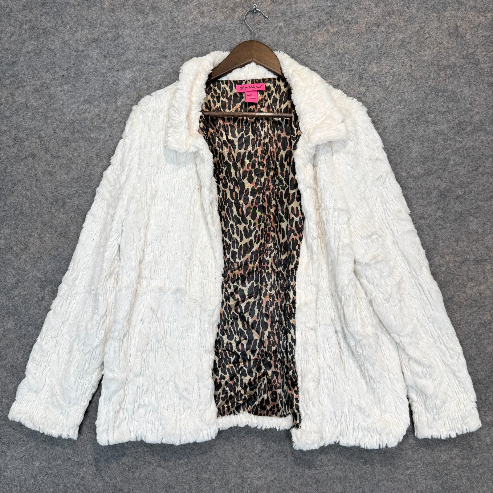 Betsey Johnson Faux Fur Jacket Womens XL Leopard Lining Sequin Coat Pockets