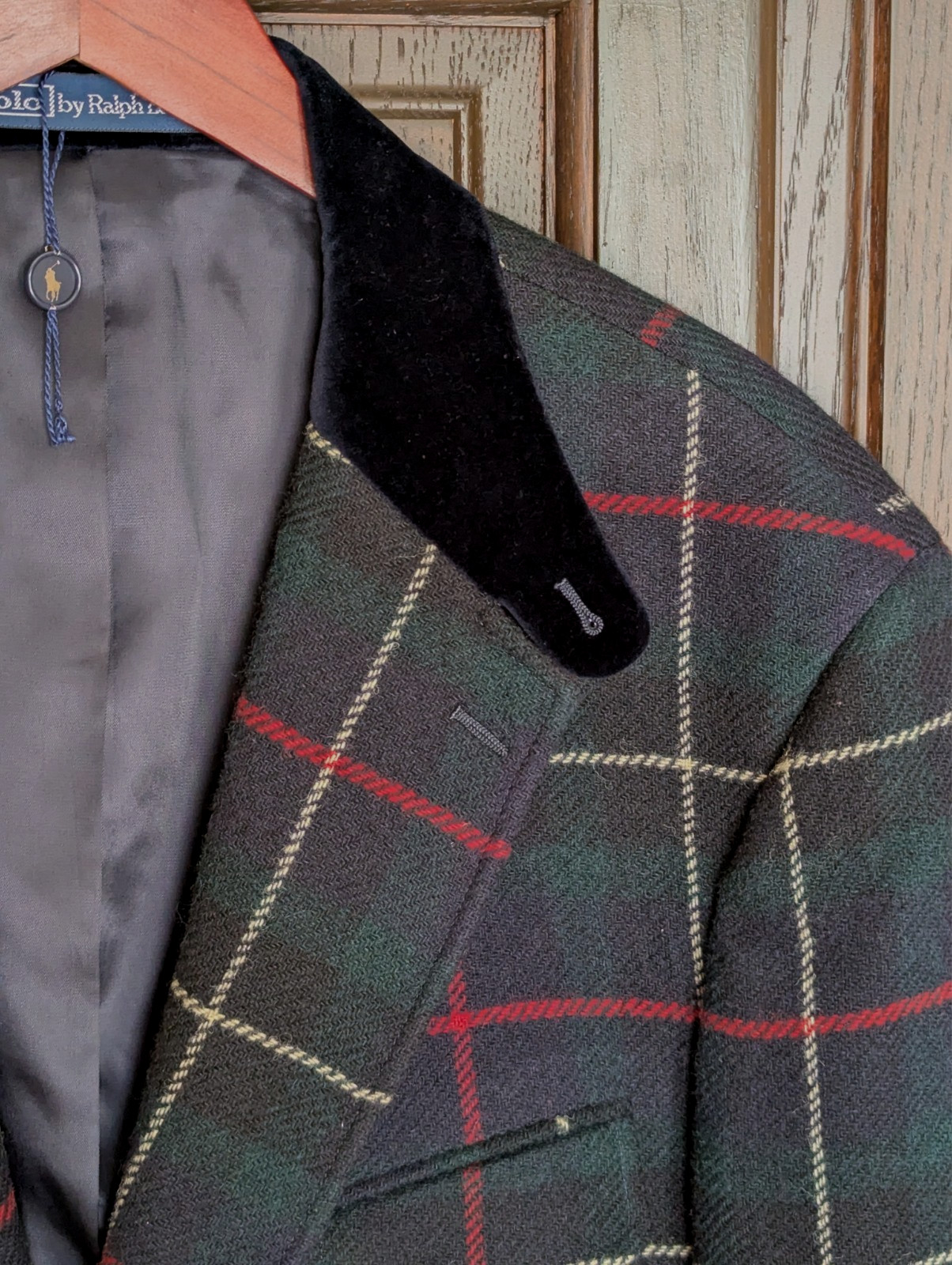 POLO Ralph Lauren Tailored Plaid Wool Suit Jacket, Velvet Collar, Size 48 R NEW