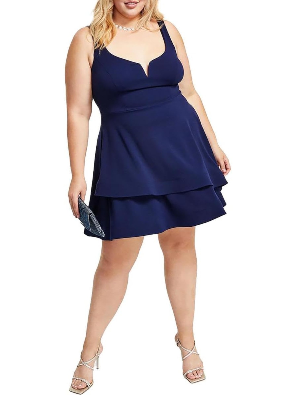 B DARLIN Womens Navy V-notch Scuba Crepe Sleeveless Dress Plus 14W