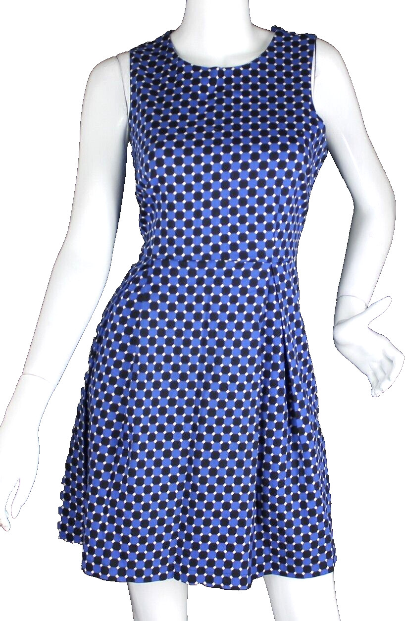 {LOUCHE} Dress Tea Flare Blue Black Beige Pattern Cotton Stretch Zip Summer ~12