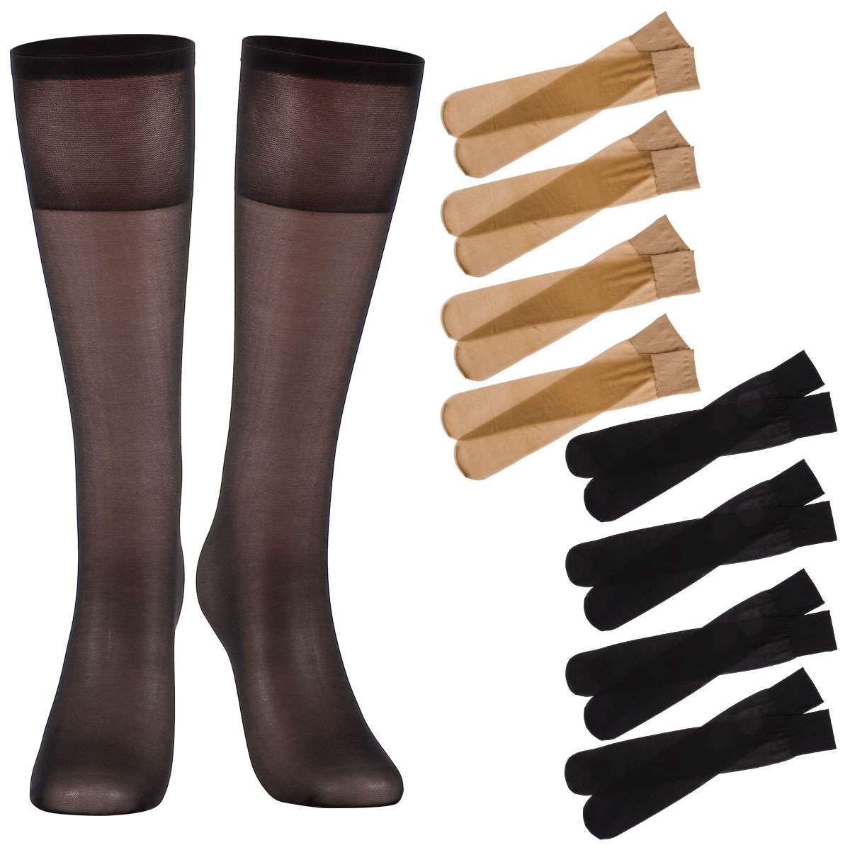 4/8Pairs Women Knee High Nylon Hose Sock Skin/Black Stretchy Sheers Stockings