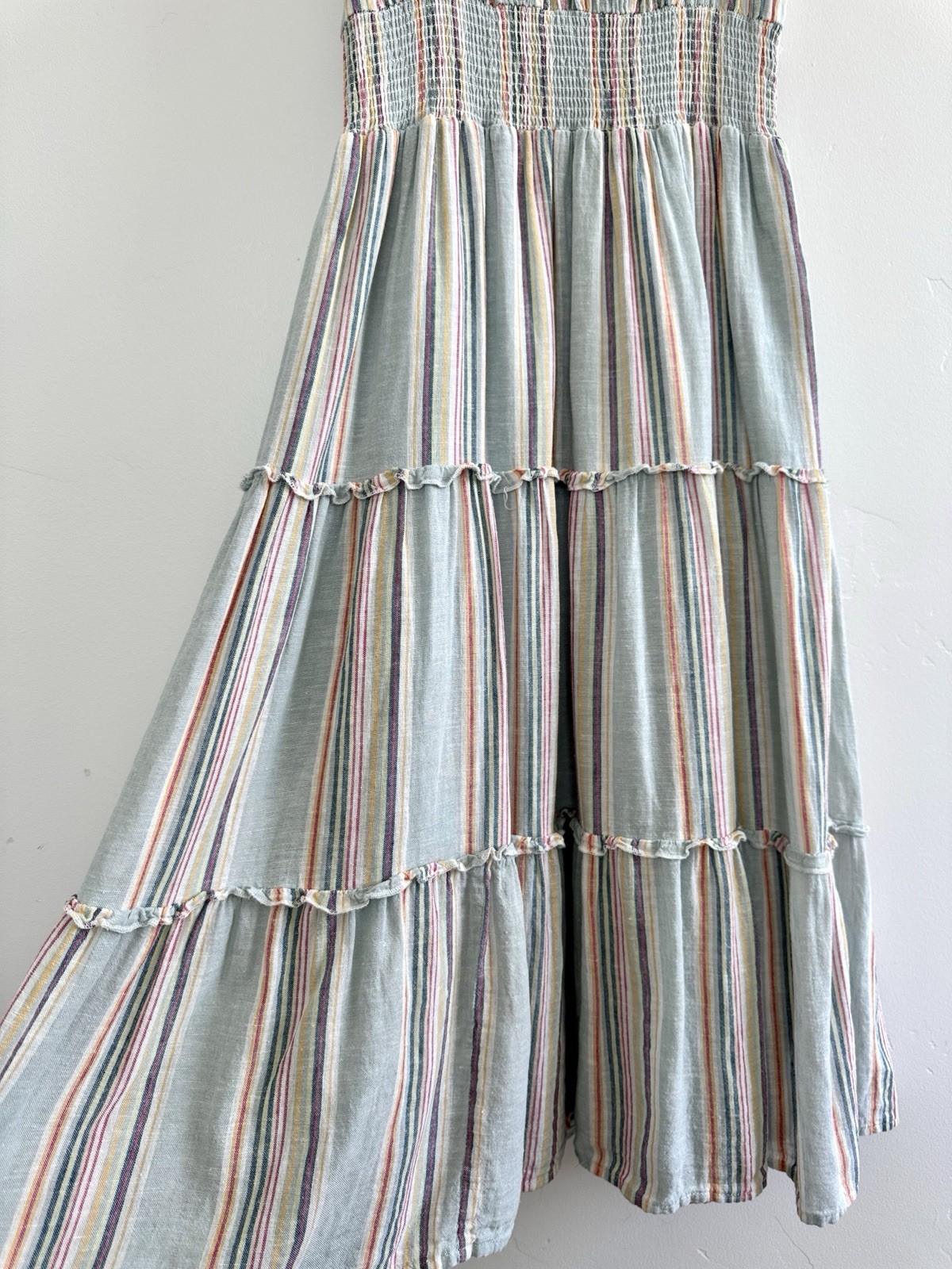 Rails Amellia Linen Blend Midi Dress Striped Smocked Tiered Size S Bohemian