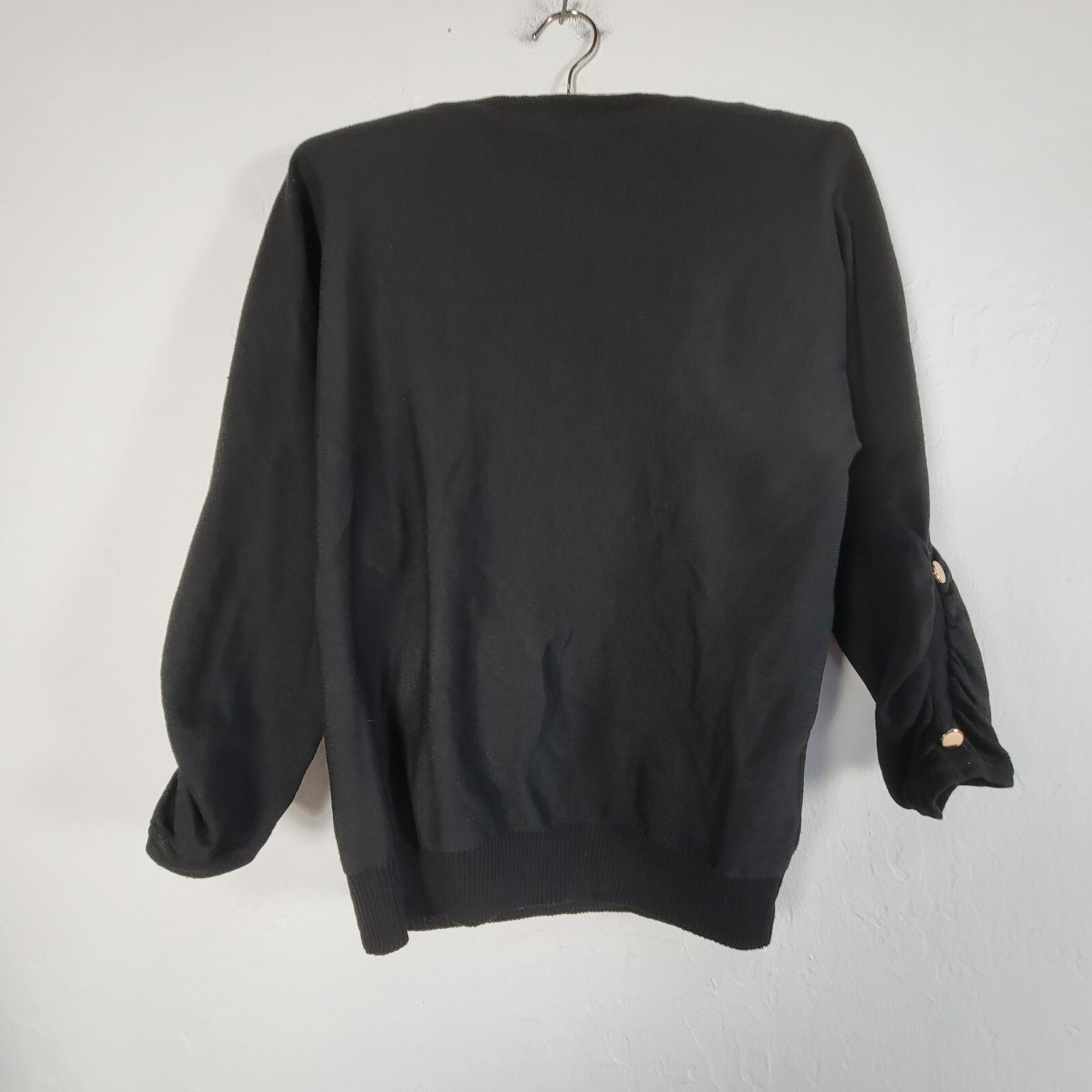BY Design Womens Knit Sweater Small Black Ruched Sleeves with Button Accent New