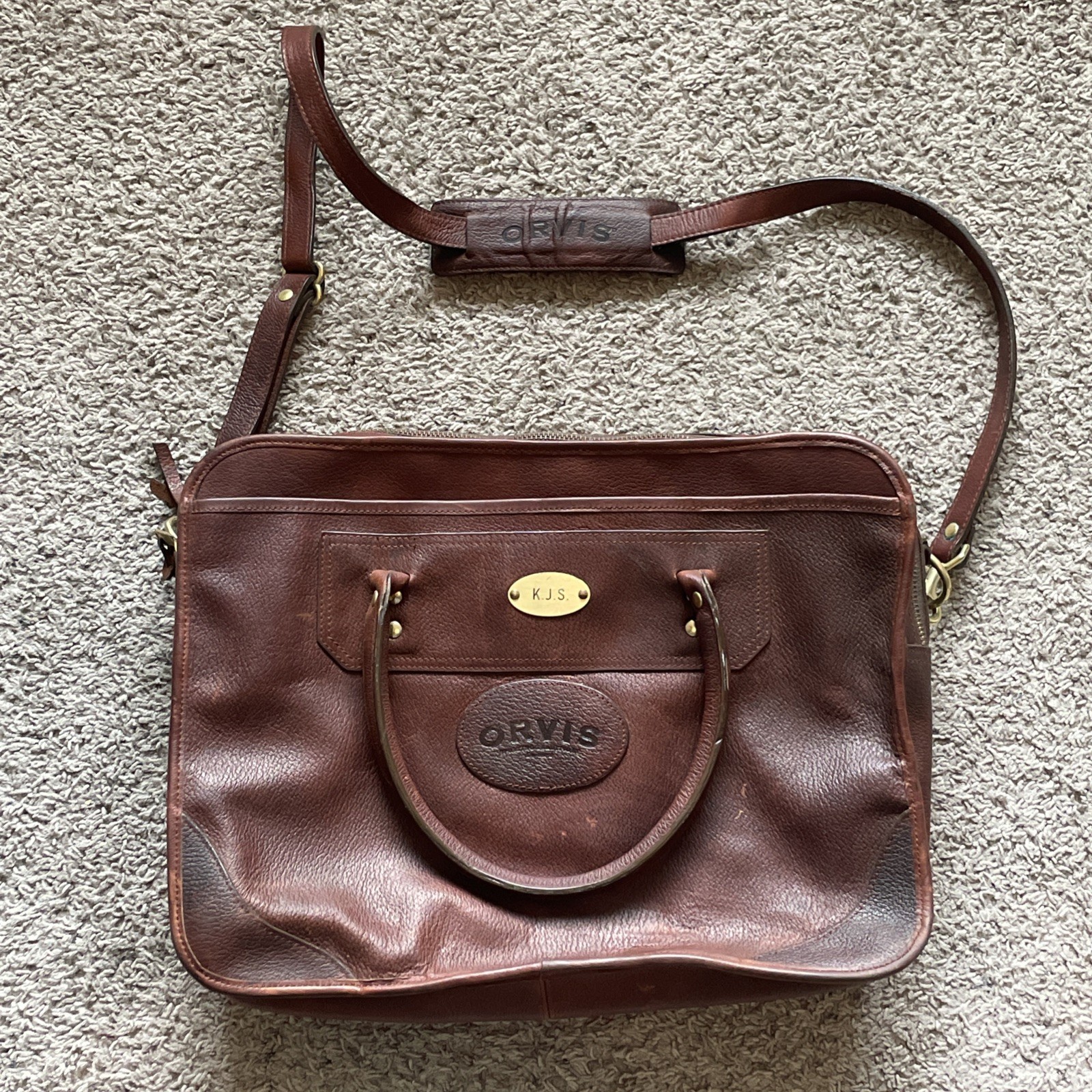 Vintage Orvis Brown Bullhide Leather Briefcase Messenger Bag w/ Shoulder Strap