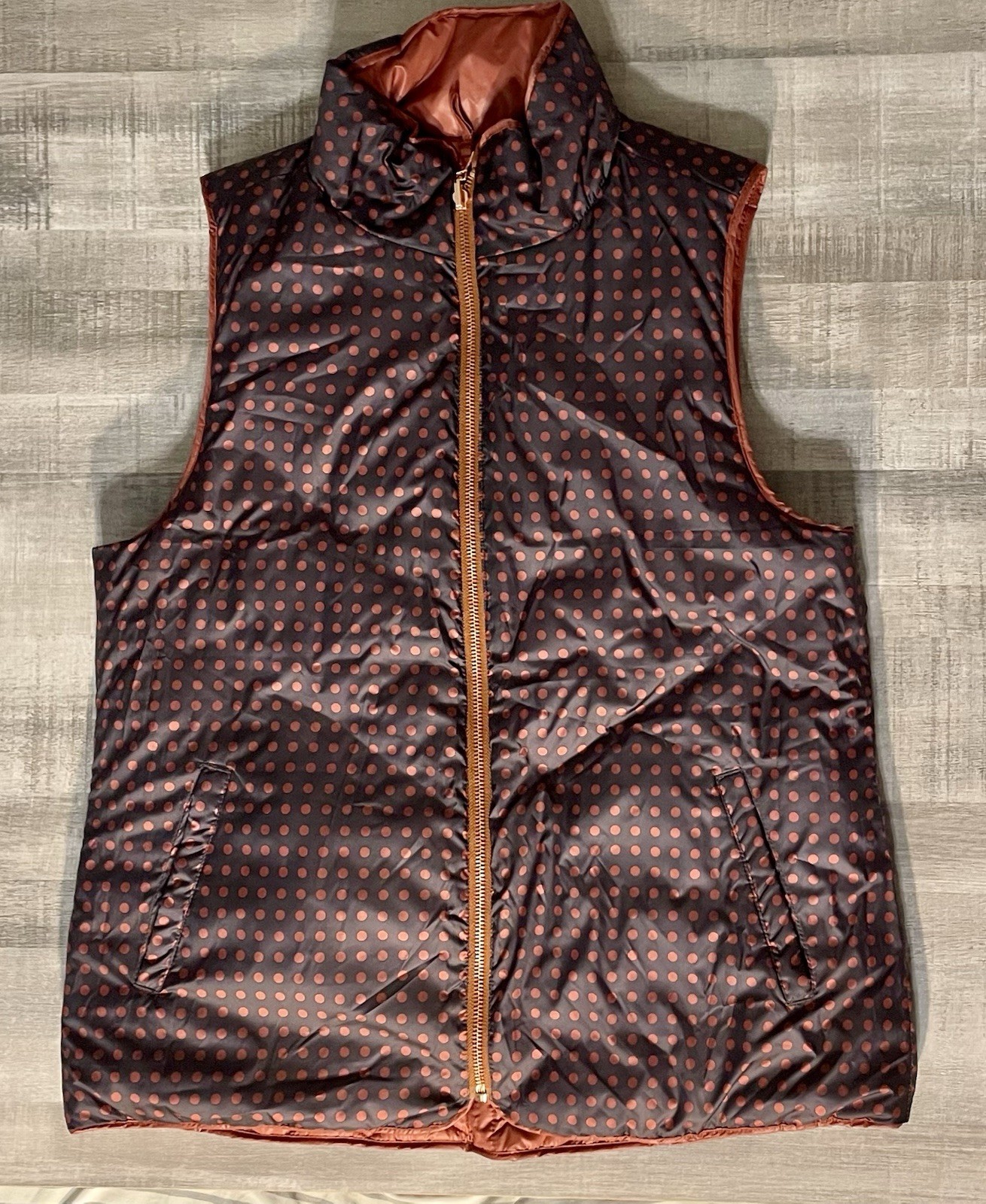 Kensie Jeans Reversible Quilted Puffer Vest Brown Polka Dot Zip Pockets M