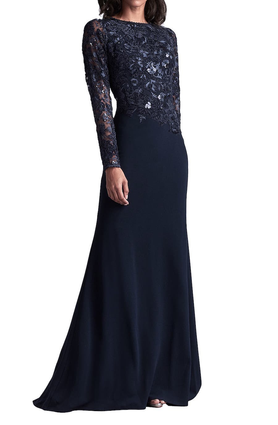 Tadashi Shoji CHT16206 Embroidered Bodice Long Sleeve Gown SZ 10 ($478) Navy