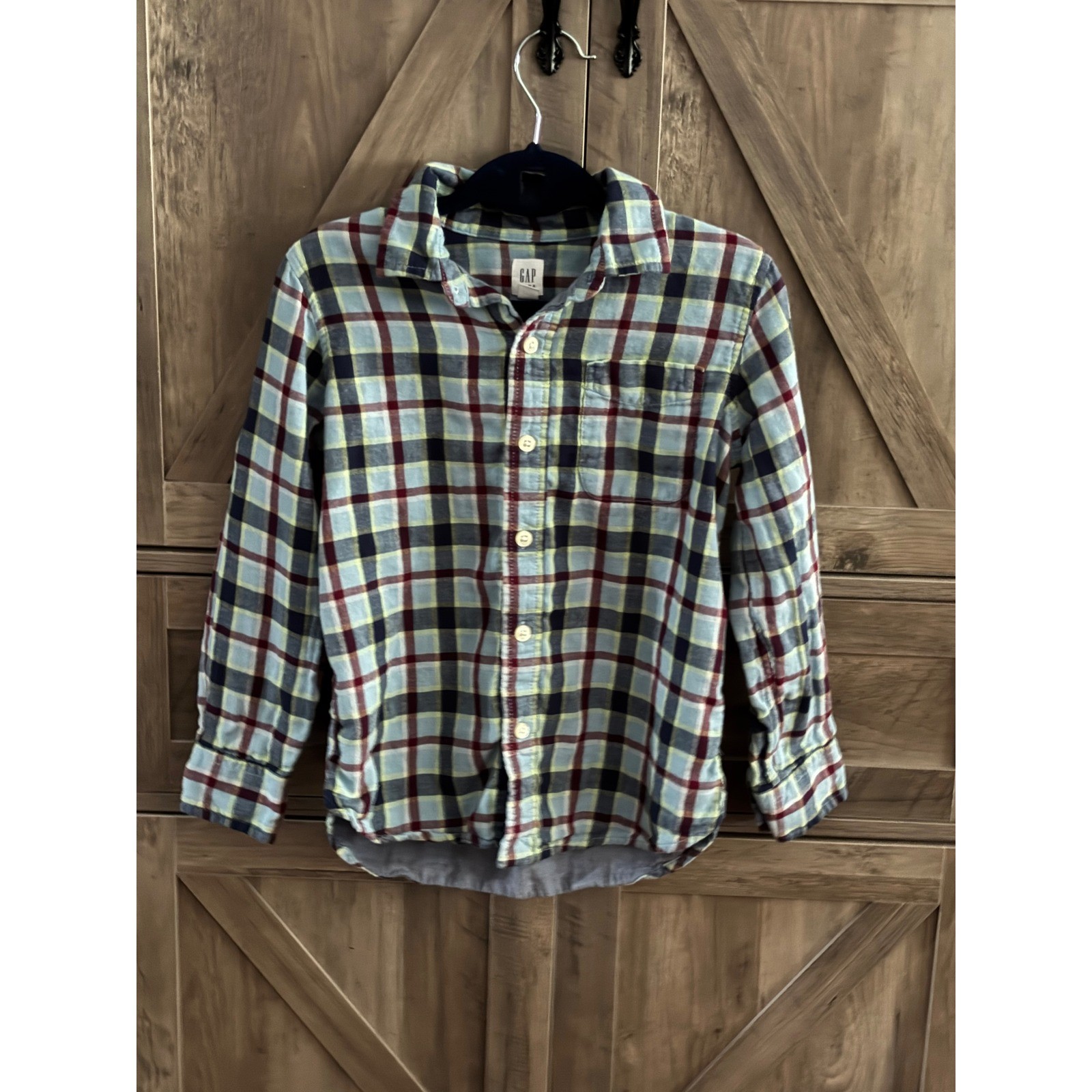 Gap Kids Boys Blue Red Yellow Plaid Flannel Button Down Shirt Size S 6-7