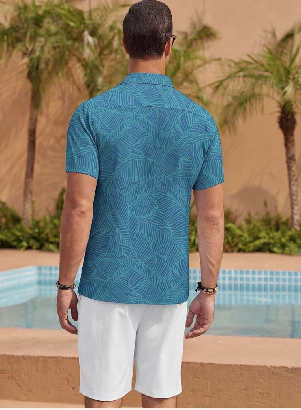 Men’s Teal Tropical-Leaf Short Sleeve Button-Down Shirt travel cruise XL. 1197
