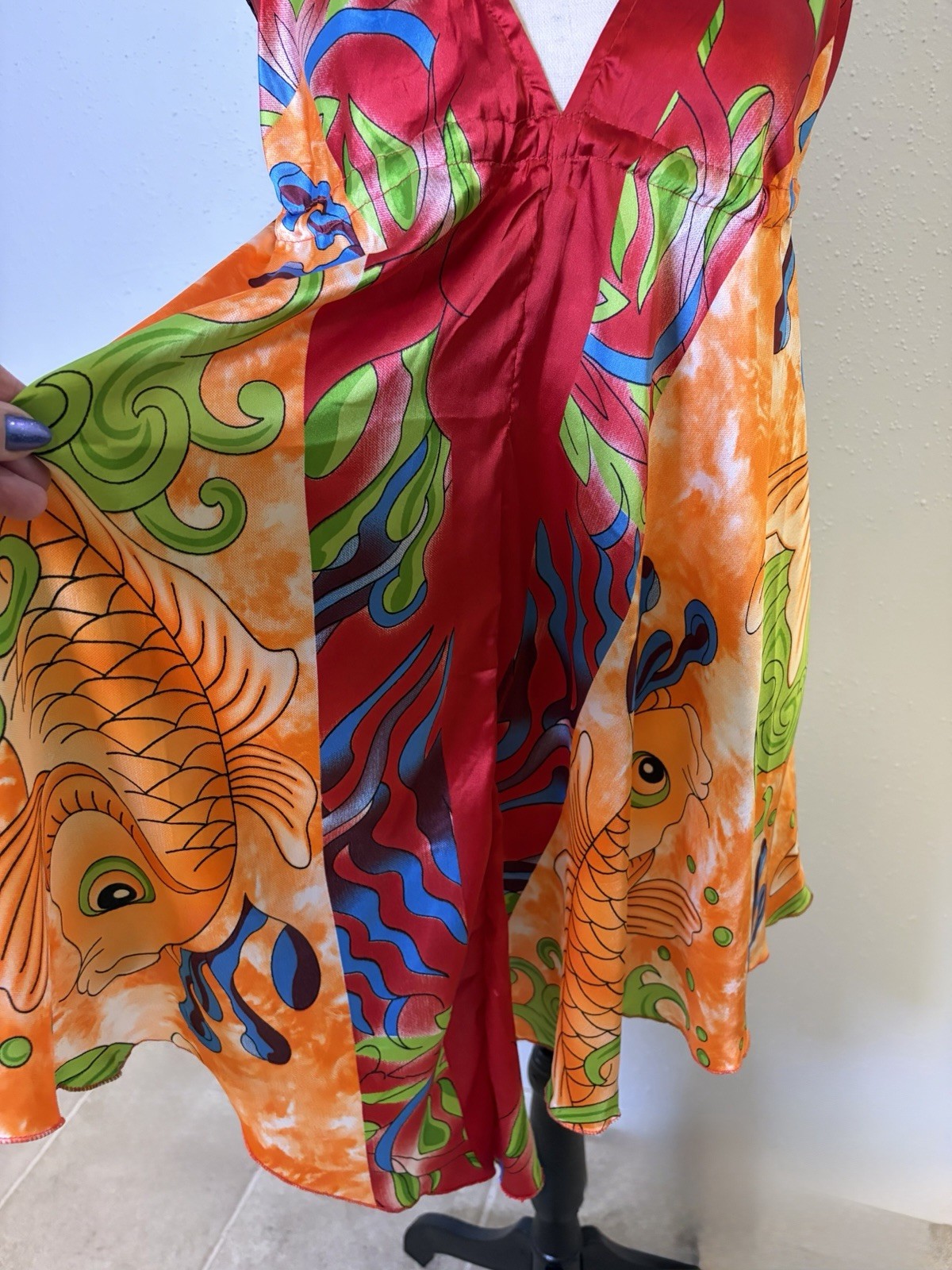 India Boutique Vibrant Flowy Koi Fish Print Halter Mini Dress One Sz Bohemian