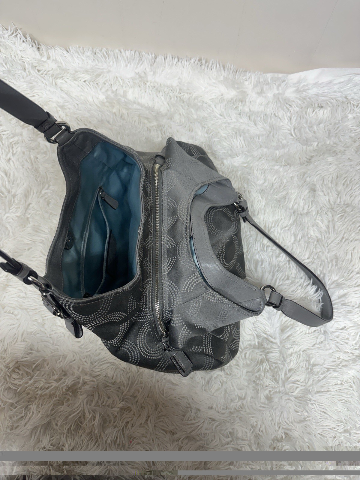 Coach Madison Maggie Dotted Op Art Gray & Silver Sateen Hobo Shoulder Bag