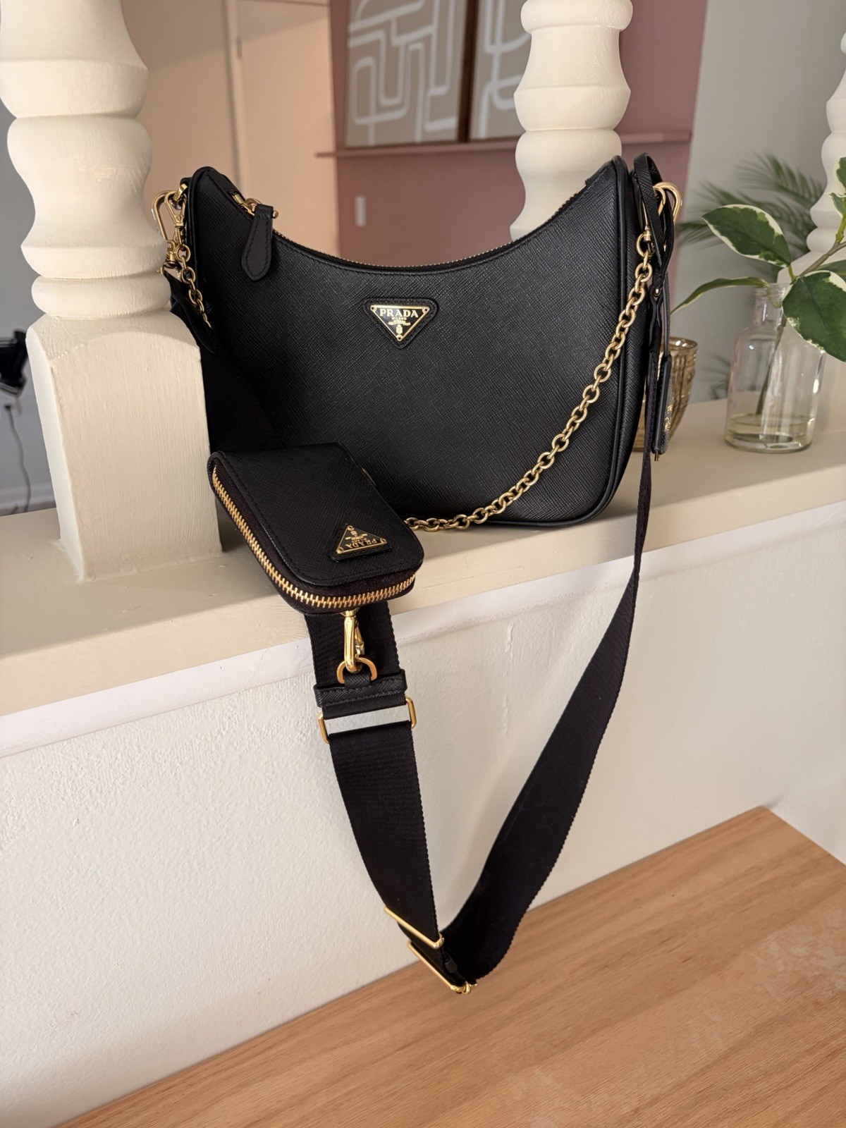 PRADA Re-Edition 2005 Saffiano Leather Designer Bag Gold Chain Adjustable Purse