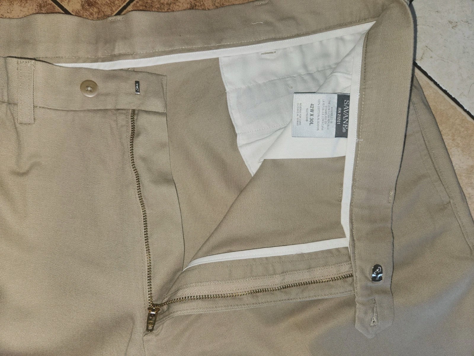 Savane Motion Men’s 42W X 30L Tan Khaki Mink Flat Front 100% Cotton NWT