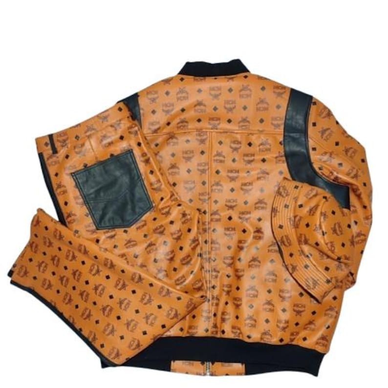 Vintage MCM Leather Tracksuit Jacket Pants & Bucket Hat Set Monogram Logo
