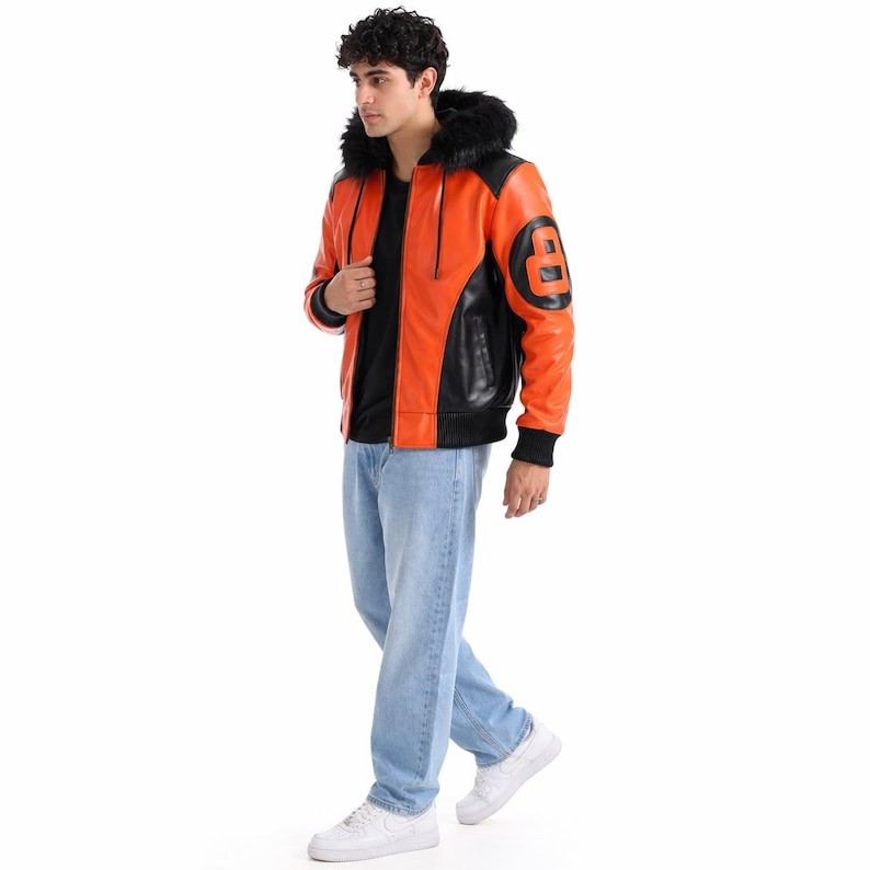 8 Ball Hooded Leather Jacket | 8 Ball Orange Leather Jacket