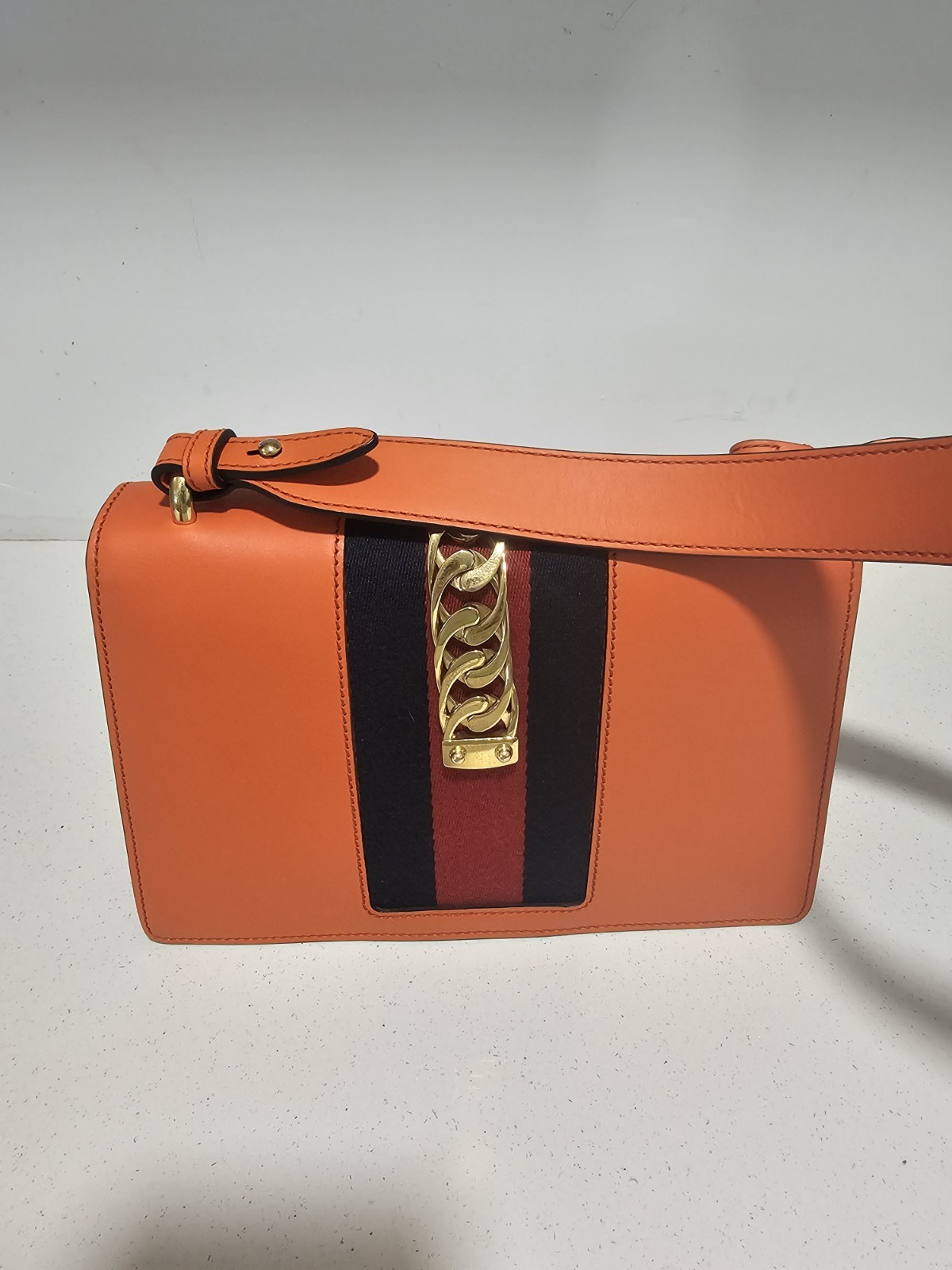 Gucci Women’s Orange Striped Shoulder Bag, Gold Chain Lock, Detachable Strap