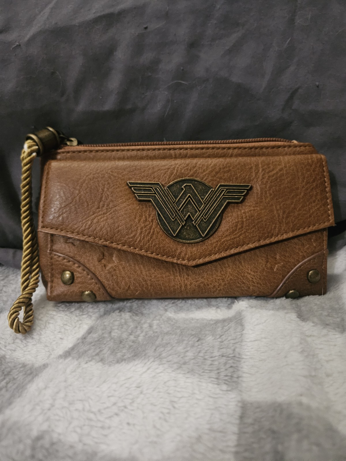 Wonder Woman Brown Zip-Around Wristlet Wallet w/ Wrist Strap, Card Slots