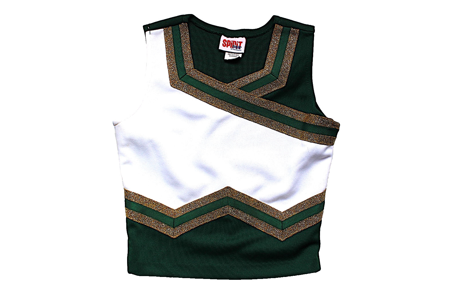 Spirit Cheerleading Top YOUTH MEDIUM Green & White with Gold Sparkling Trim New