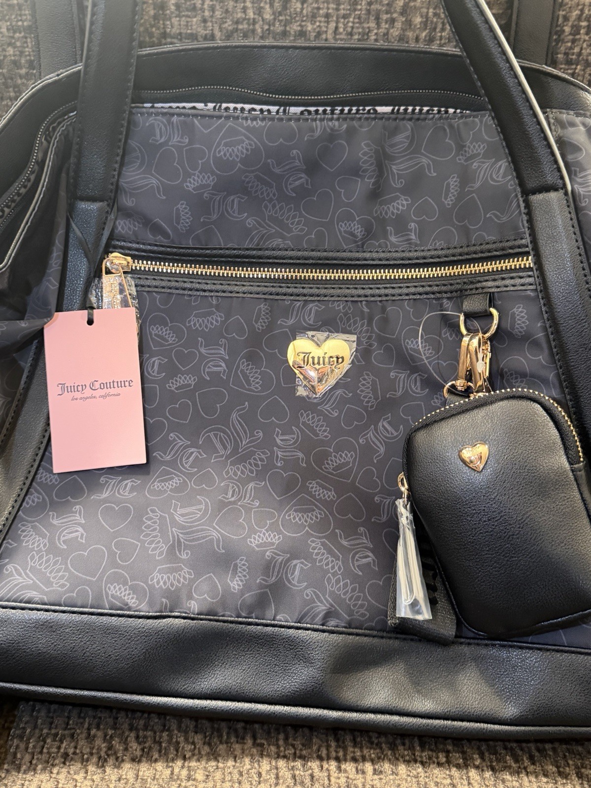 Juicy Couture Black Tonal Logo Large Tote Bag Zip Detachable Strap