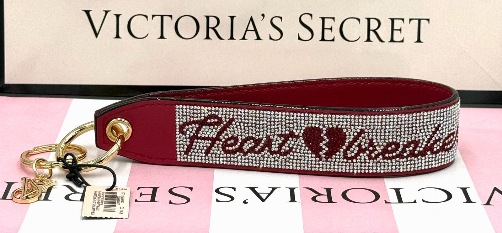 Victoria’s Secret Wristlet Strap Keychain Bling Red Heart Breaker Rhinestone New