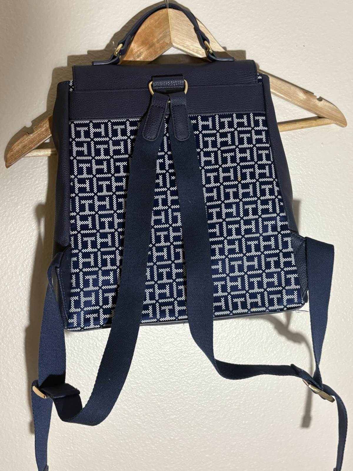 Tommy Hilfiger Navy/White Monogram Backpack Gold Logo Buckle Snap, Top Handle