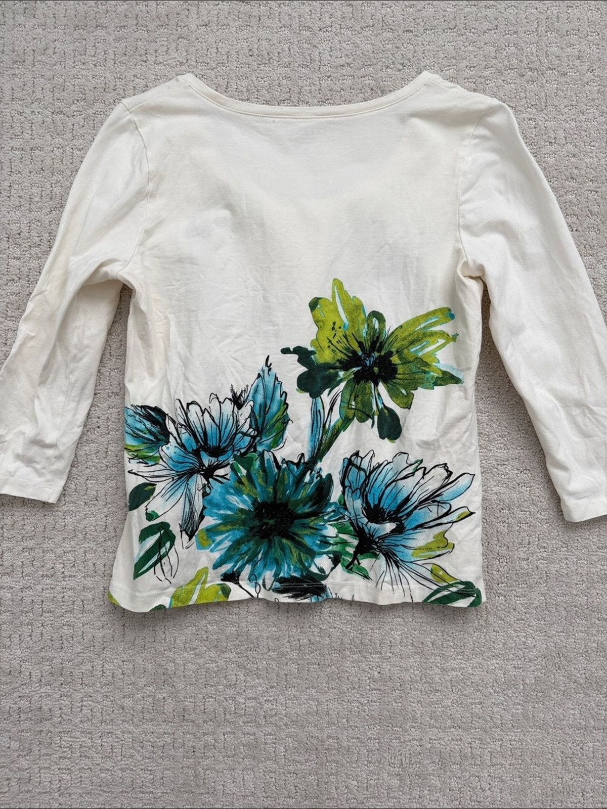 Women’s Talbots Cream Long-Sleeve Scoop Top with Teal & Green Floral Art