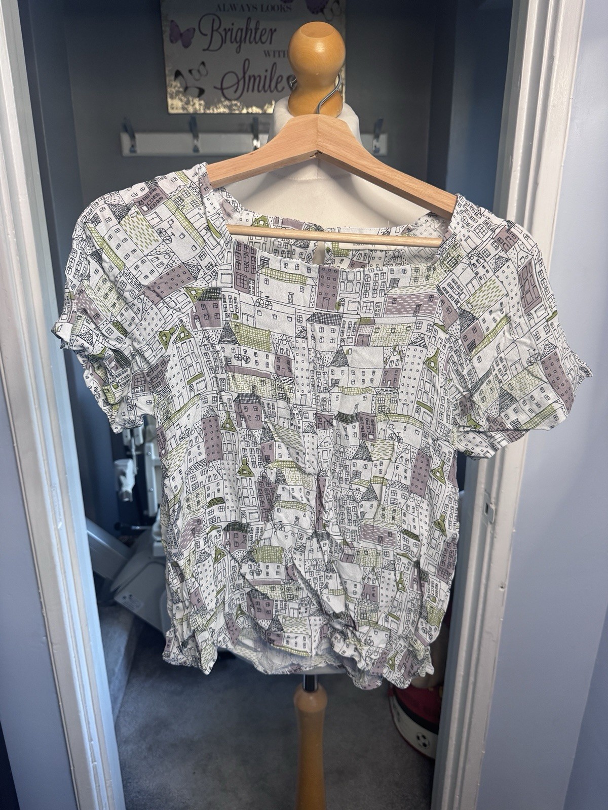 White Stuff Blouse White Multi House Print UK 8 100% Viscose Short Sleeve