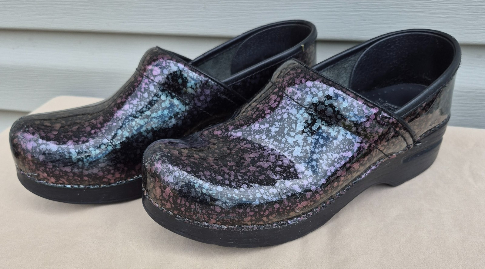 Women’s Dansko Patent Professional Clogs Metallic Ink Paint Splat Size: 39