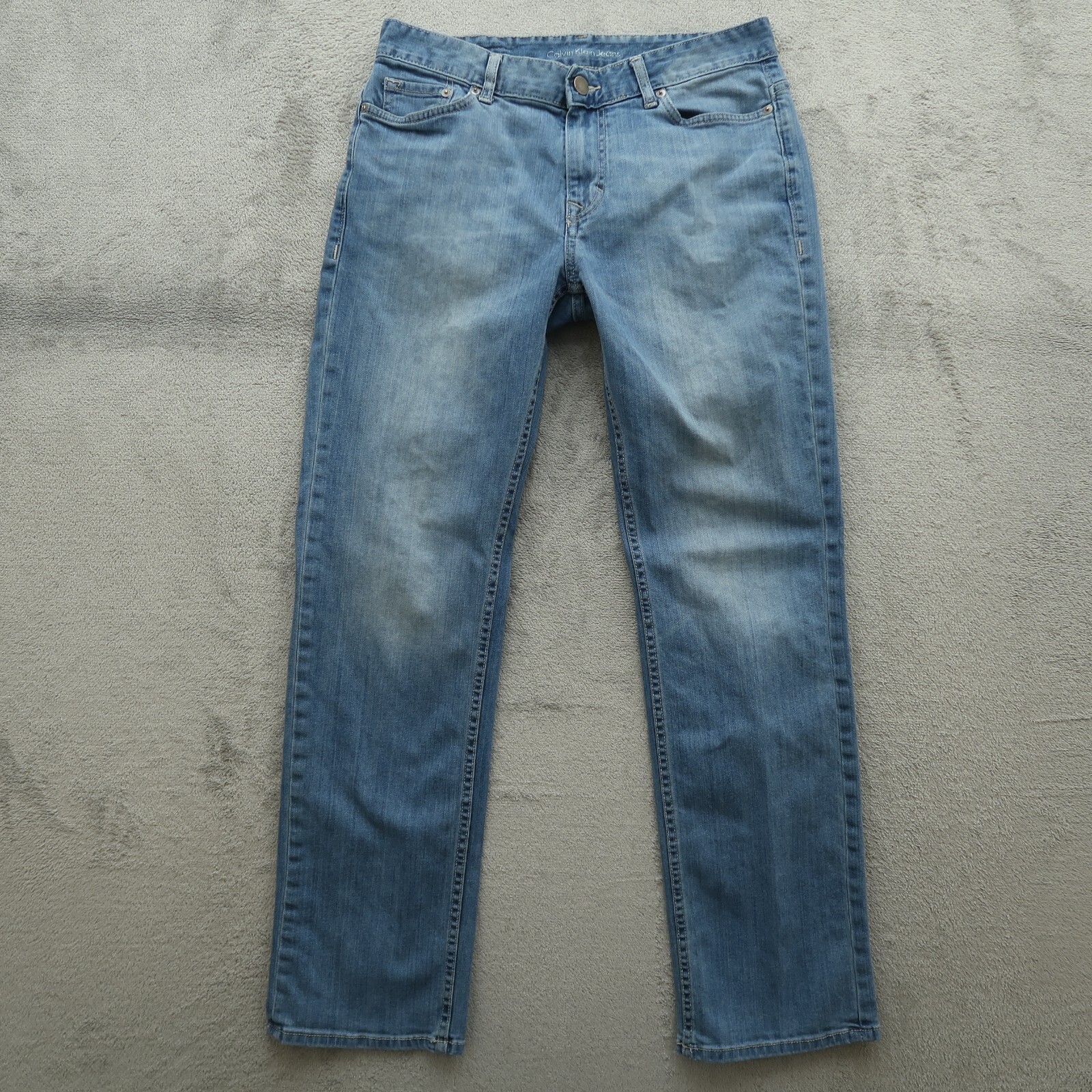 Calvin Klein Jeans Mens Size-31×32 Blue Straight Flex Denim Stone Washed Stained