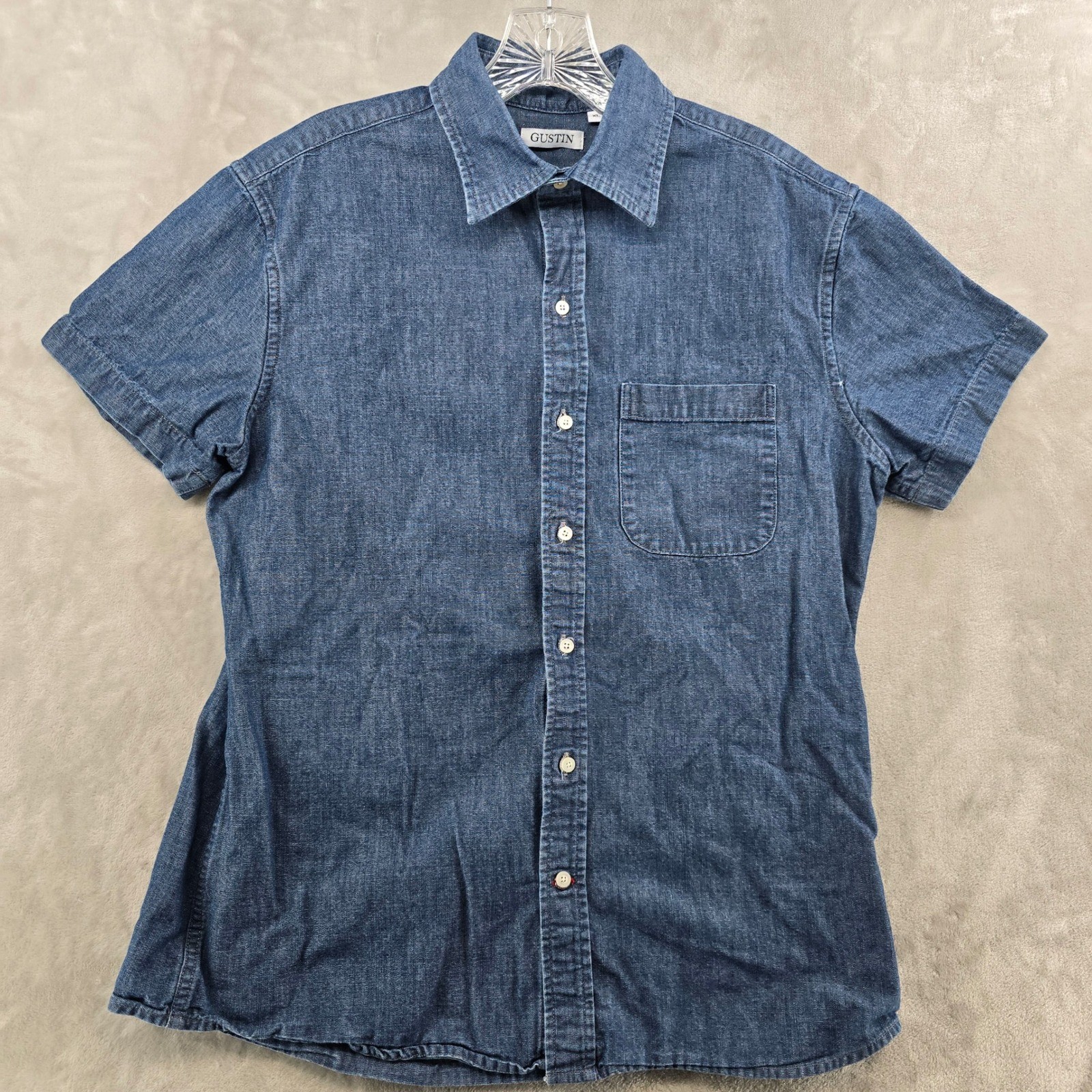 Gustin Denim Button Down Shirt Mens XL Blue Short Sleeve 100% Cotton Made in USA