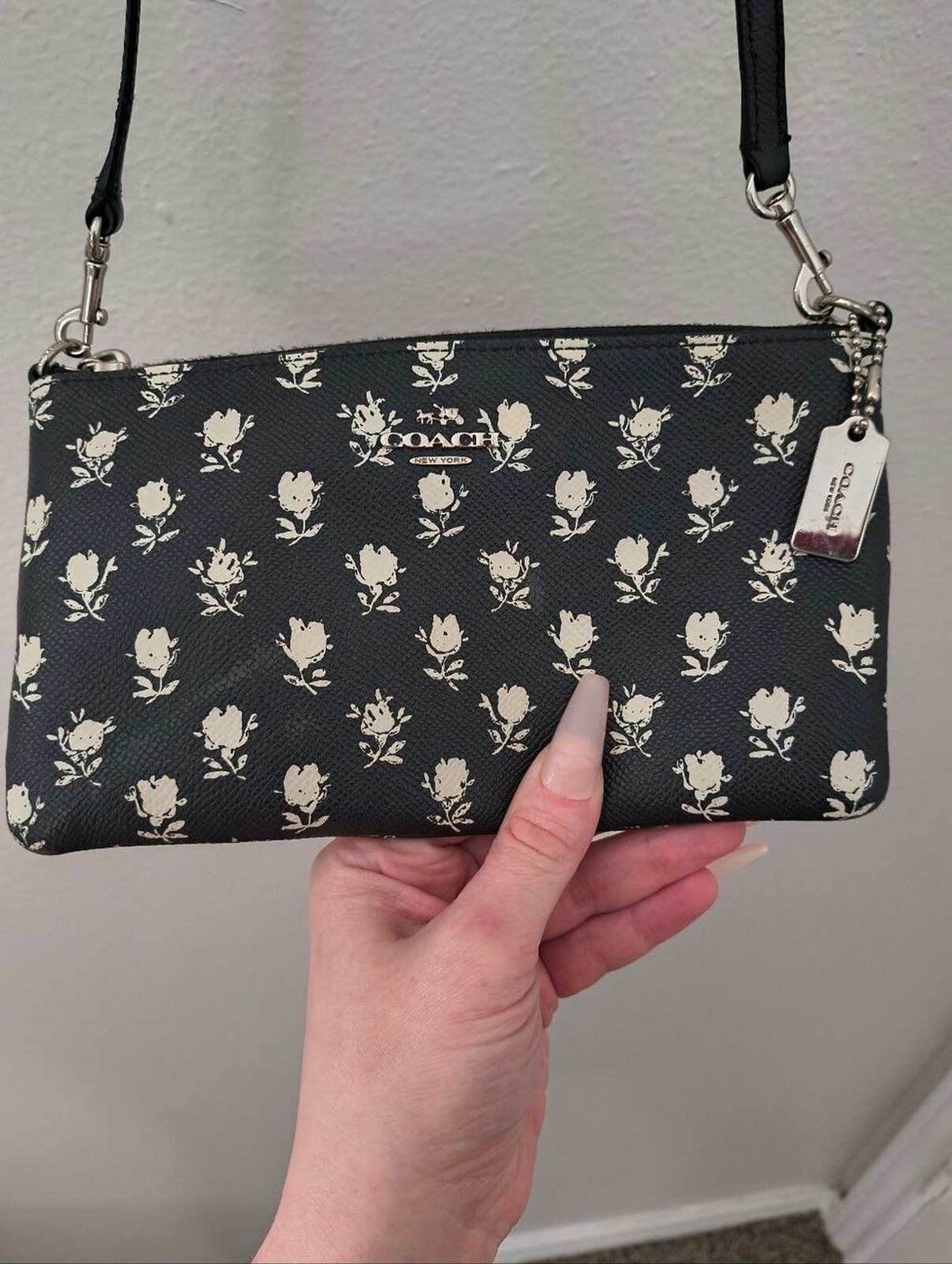 Coach 52834 Badlands Floral Print Black Leather Crossbody Pouch Bag