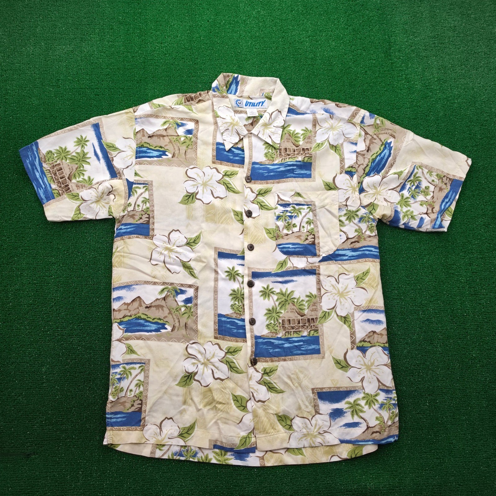 Utility Brand Hawaiian Shirt Mens Medium Floral Tropical Rayon Beach Camp Aloha