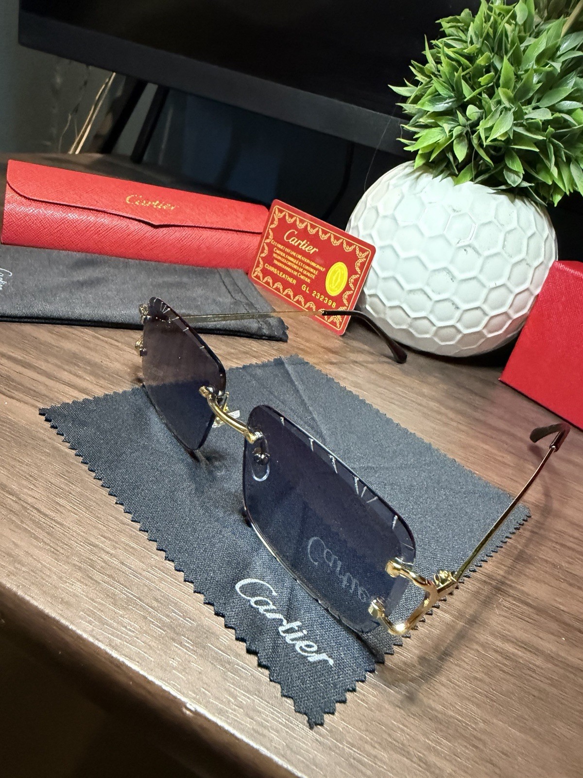 Cartier Big C Diamond Cut Frameless BLUE Lens Gold Frame