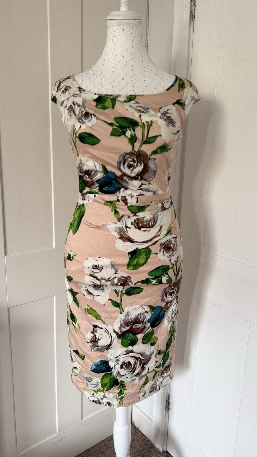 Jolie Moi Pink Floral Ruched Wiggle Dress |Occasion Dress | Wedding Guest UK 12
