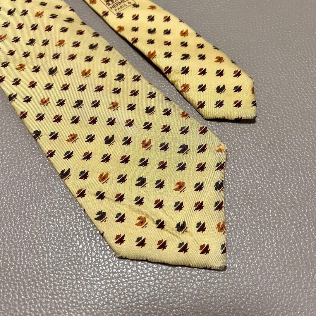 Hermes Mens Silk Tie Yellow H Pattern Stripe Dot Check Woven 3.54in 9cm