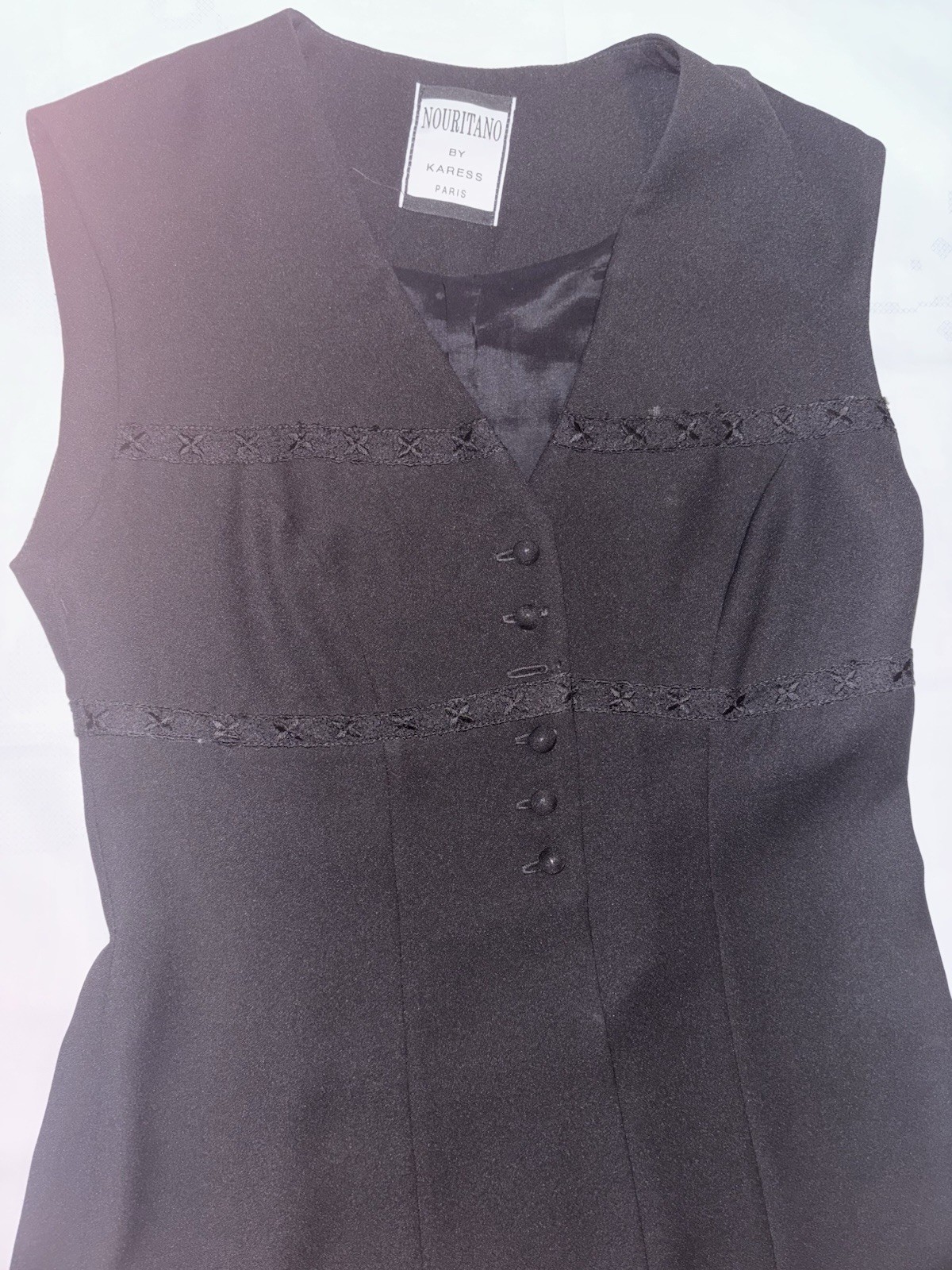 Nouritano By Karess Paris Sleeveless Black Button Up Tunic Lace Hem Vintage
