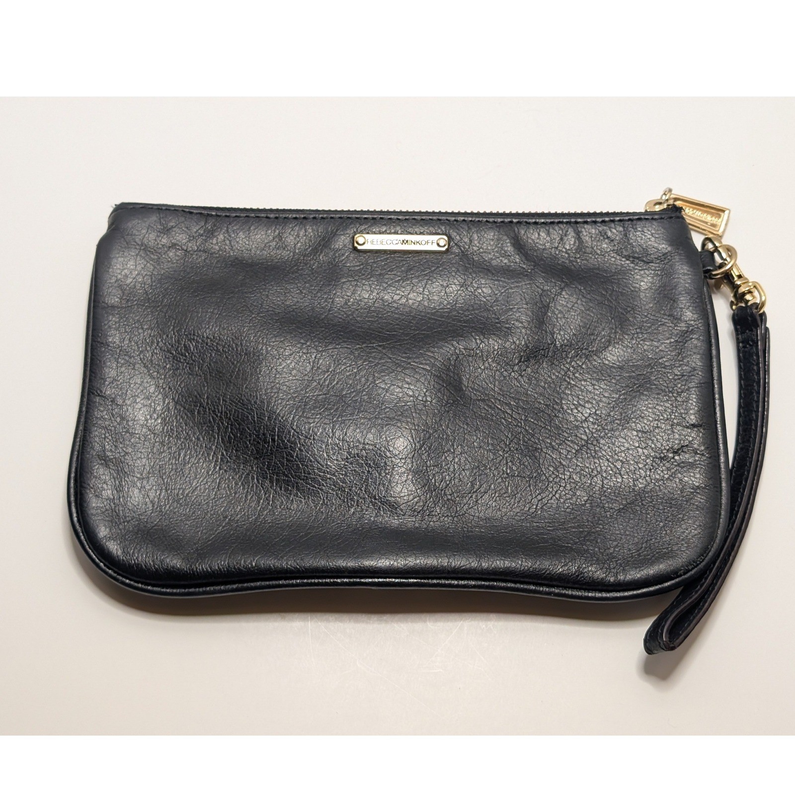 Rebecca Minkoff MAC Wristlet Clutch Black Leather Gold Hardware Polka Dot Lining
