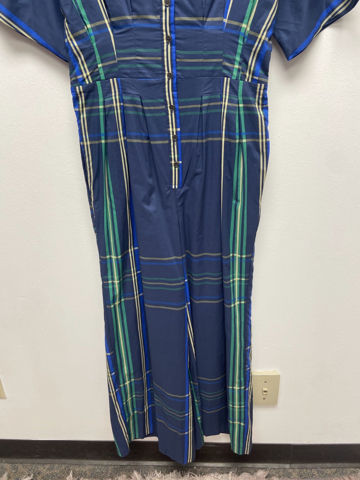 Aureum Short Sleeve Jumpsuit Bethany Blue Green Plaid Pleated Waist Cropped S