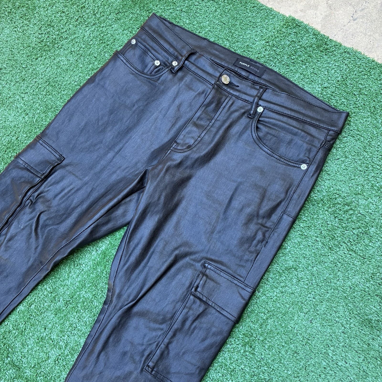 Purple Brand P004 Wax Coated Designer Cargo Jeans Button Fly Sz 33×32