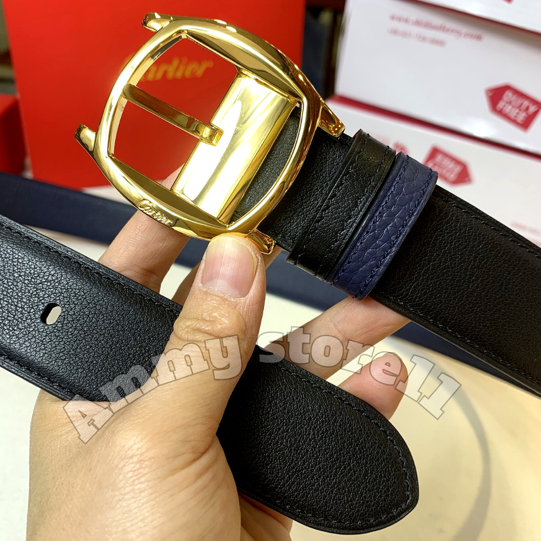 CARTIER Reversible Black Navy Leather Belt Gold Buckle Men’s Luxury Dress Belt