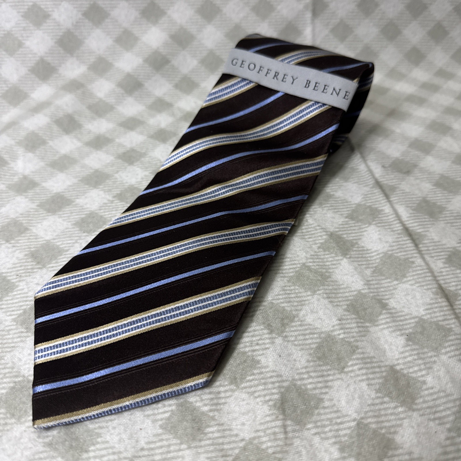 New GEOFFREY BEENE Brown Blue Tan Stripe Silk Classic Tie